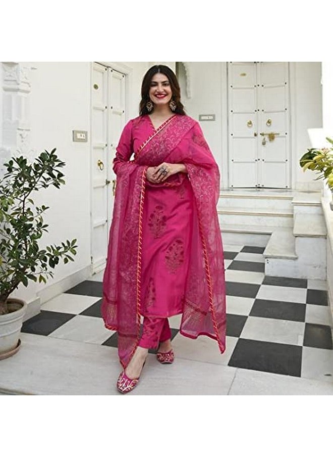 ANNI DESIGNER ANNI DESIGNER Women's Cotton Blend Straight Kurta with Pant & Dupatta (Garden Pink_M_Pink_Medium)  - Image 4