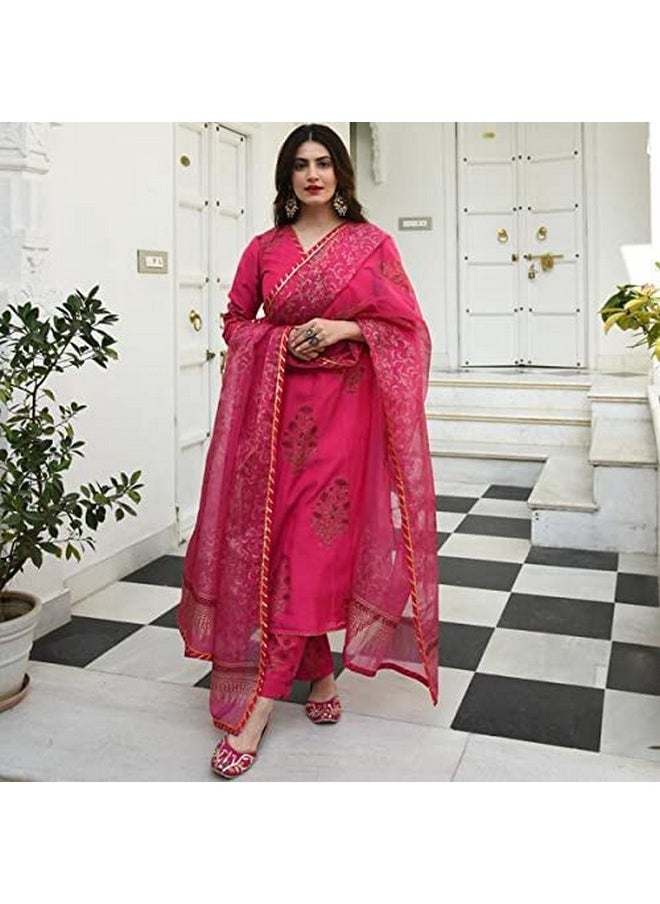 ANNI DESIGNER ANNI DESIGNER Women's Cotton Blend Straight Kurta with Pant & Dupatta (Garden Pink_M_Pink_Medium)  - Image 2