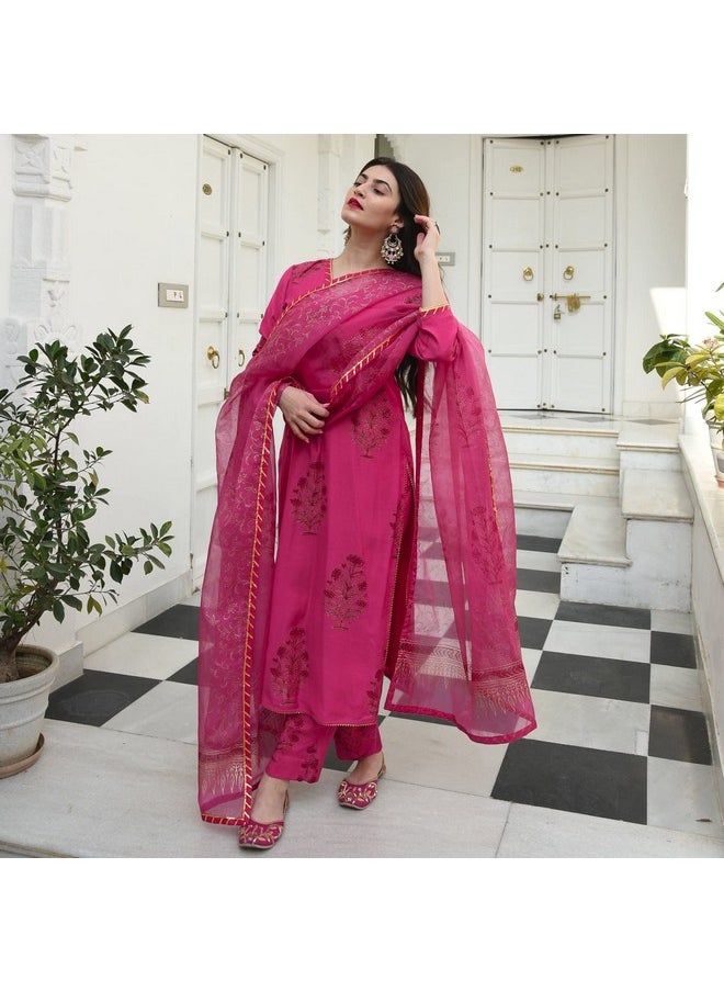 ANNI DESIGNER ANNI DESIGNER Women's Cotton Blend Straight Kurta with Pant & Dupatta (Garden Pink_M_Pink_Medium)  - Image 3