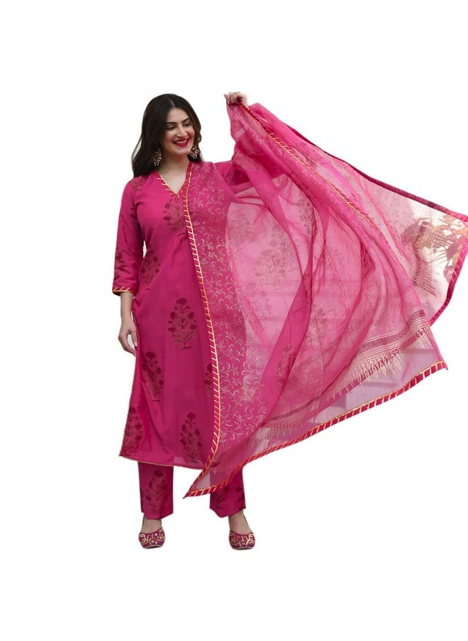 ANNI DESIGNER ANNI DESIGNER Women's Cotton Blend Straight Kurta with Pant & Dupatta (Garden Pink_M_Pink_Medium)  - Image 1