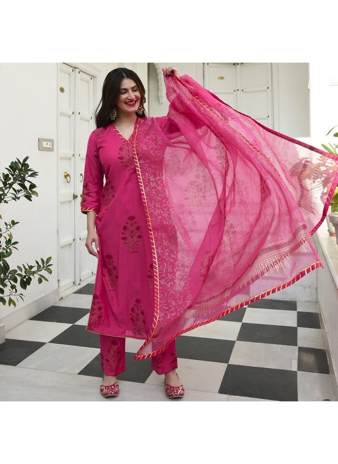 ANNI DESIGNER ANNI DESIGNER Women's Cotton Blend Straight Kurta with Pant & Dupatta (Garden Pink_M_Pink_Medium)  - Image 5