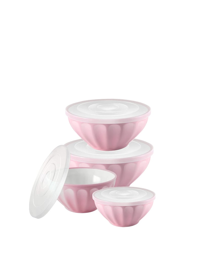 BASURRAH - 4 Pieces Mixing Bowls With Lids Set, Plastic Serving Bowls For Baking Prep & Storing Food, Nesting Salad Bowl, Great For Picnic Camping, Bpa-Free, Microwave Safe, 1.5 | 2.4 | 3.5 | 5 Qt Round Pink - Image 1