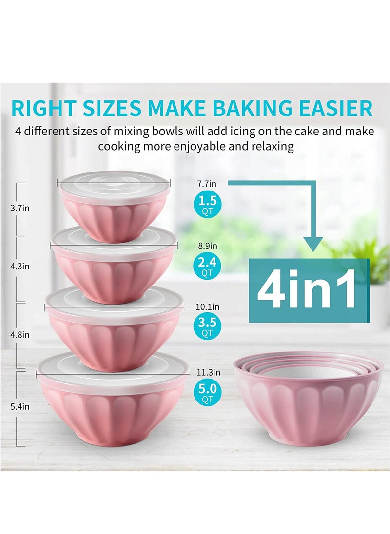 BASURRAH - 4 Pieces Mixing Bowls With Lids Set, Plastic Serving Bowls For Baking Prep & Storing Food, Nesting Salad Bowl, Great For Picnic Camping, Bpa-Free, Microwave Safe, 1.5 | 2.4 | 3.5 | 5 Qt Round Pink - Image 1