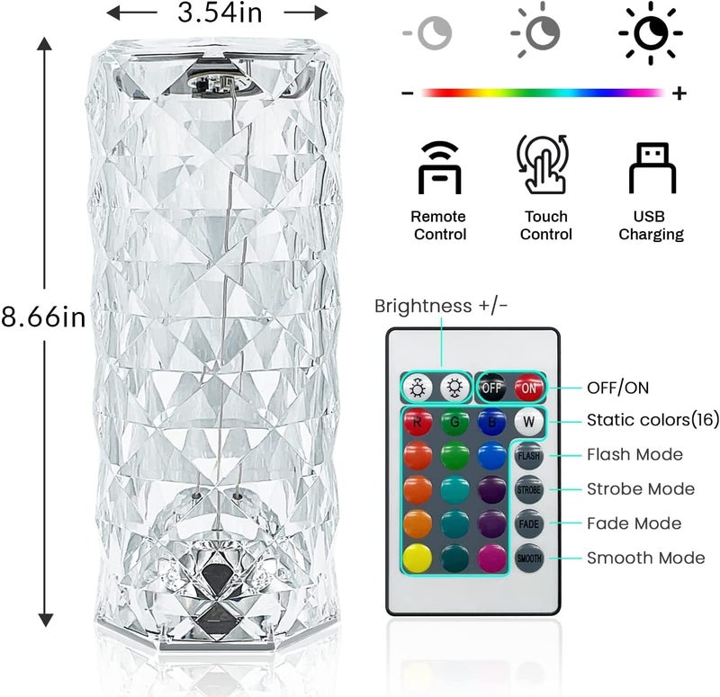 XERGY Crystal Lamp, Rose Diamond LED Table Lamp16 Colors Rgb With Touch And Remote Control, Usb C Rechargeable Decorative Acrylic Rays Lamp Gift For Sister, Atmosphere Light &Living Room,Bedroom - Image 3