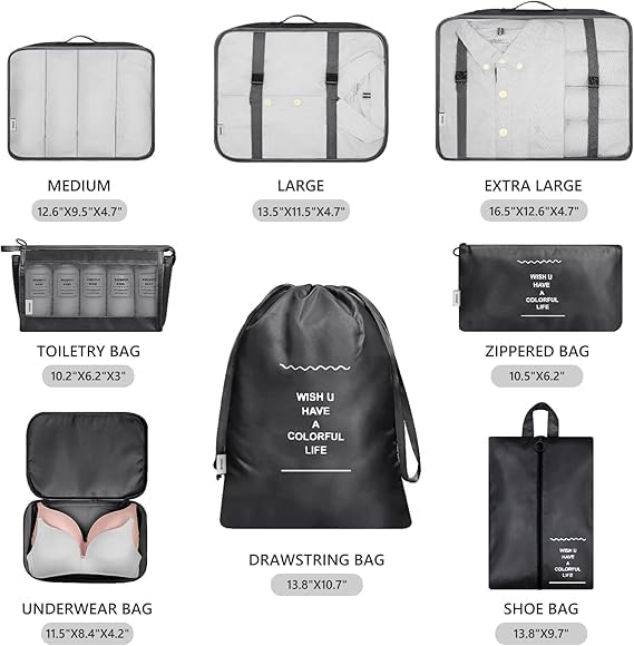Lyrovo [UPDATED] 7pcs Travel Packing Cubes for clothes Laundry Toiletry Cosmetics Luggage Makeup Pouch Accessories Organizer Bag (Black) - Image 2