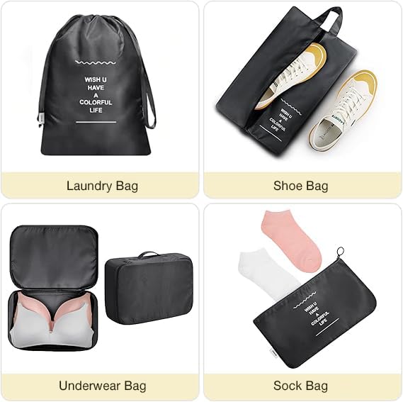 Lyrovo [UPDATED] 7pcs Travel Packing Cubes for clothes Laundry Toiletry Cosmetics Luggage Makeup Pouch Accessories Organizer Bag (Black) - Image 4