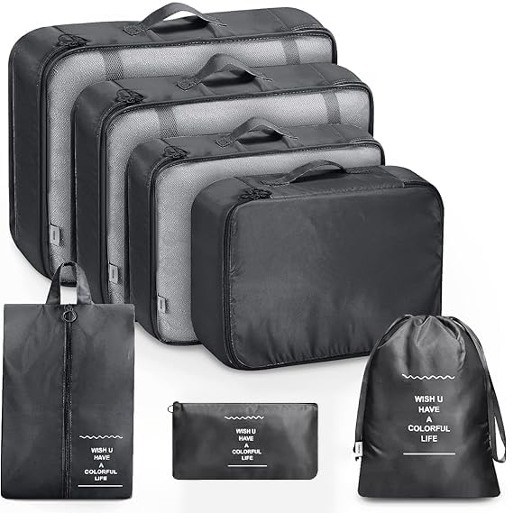 Lyrovo [UPDATED] 7pcs Travel Packing Cubes for clothes Laundry Toiletry Cosmetics Luggage Makeup Pouch Accessories Organizer Bag (Black) - Image 1