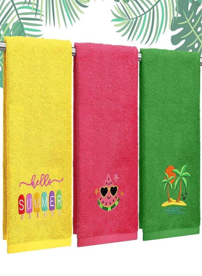 FuWeave 3 Pcs Summer Hand Towels 100% Cotton Embroidered Bathroom Towels 13.3 x 29 Inch Hello Summer Watermelon Palm Decorative Dish Towel Absorbent Kitchen Towel for Bath Drying Cleaning Cooking Gift - Image 1