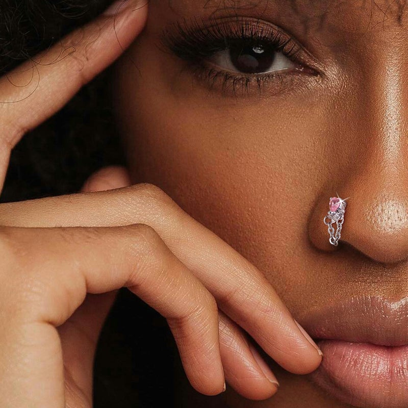 Drperfect Nose Rings L Shaped Nose Studs Ring Hypoallergenic Stainless Steel Nose Ring-Dangle CZ Butterfly Flower Nose Studs Hoops Piercings Jewelry Gift for Women Men 20G Pink - Image 3