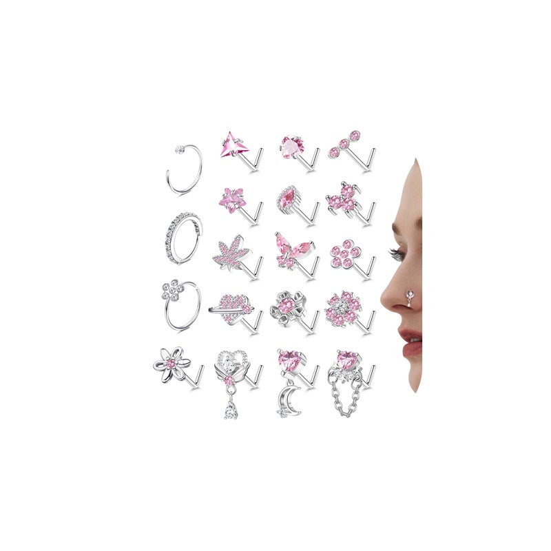 Drperfect Nose Rings L Shaped Nose Studs Ring Hypoallergenic Stainless Steel Nose Ring-Dangle CZ Butterfly Flower Nose Studs Hoops Piercings Jewelry Gift for Women Men 20G Pink - Image 1