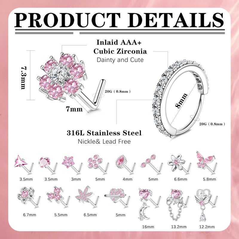 Drperfect Nose Rings L Shaped Nose Studs Ring Hypoallergenic Stainless Steel Nose Ring-Dangle CZ Butterfly Flower Nose Studs Hoops Piercings Jewelry Gift for Women Men 20G Pink - Image 2