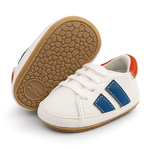 RVROVIC Baby Boys Girls Sneakers Anti-Slip Oxford Loafer Flats Infant Toddler PU Leather Soft Sole Baby Shoes(0-6 Months,Infant,0-White&Blue) - Image 1