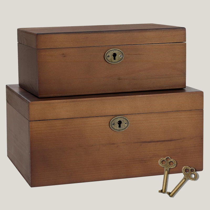SUJUN Wooden Keepsake Box with Hinged Lid, 2 Pack Vintage Lockable Storage Chest for Jewelry Letters & Memories, Decorative Wood Boxes with Antique Brass Lock, Walnut Finish Home DÃ©cor Gift - Image 1