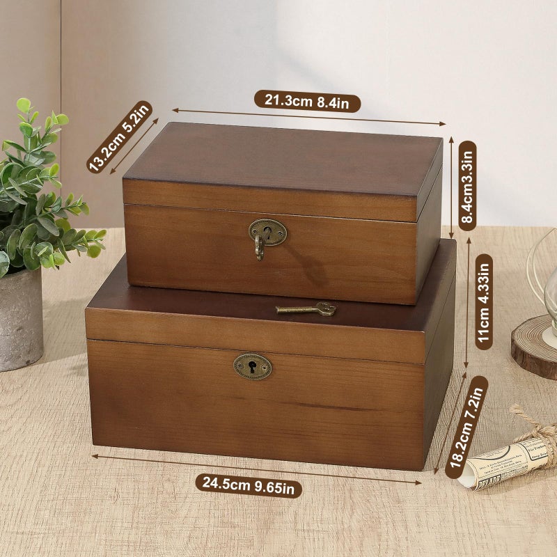 SUJUN Wooden Keepsake Box with Hinged Lid, 2 Pack Vintage Lockable Storage Chest for Jewelry Letters & Memories, Decorative Wood Boxes with Antique Brass Lock, Walnut Finish Home DÃ©cor Gift - Image 2