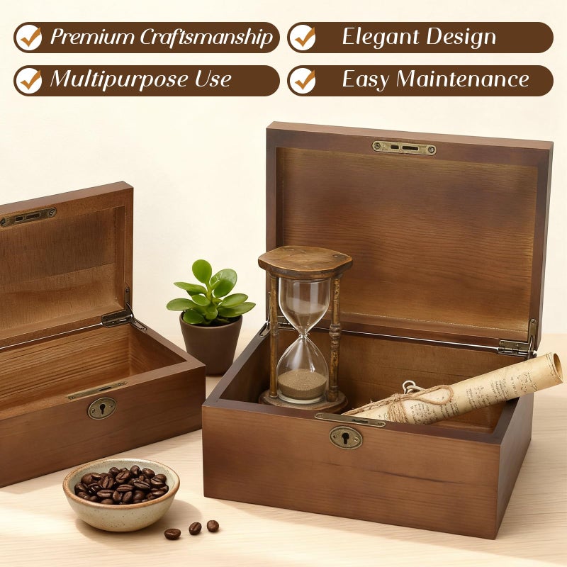 SUJUN Wooden Keepsake Box with Hinged Lid, 2 Pack Vintage Lockable Storage Chest for Jewelry Letters & Memories, Decorative Wood Boxes with Antique Brass Lock, Walnut Finish Home DÃ©cor Gift - Image 5