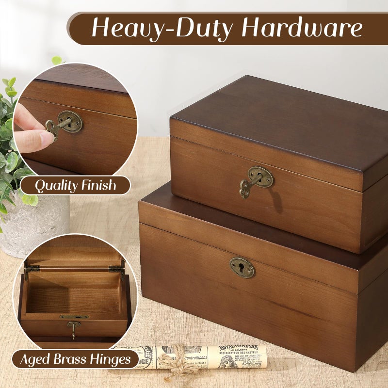 SUJUN Wooden Keepsake Box with Hinged Lid, 2 Pack Vintage Lockable Storage Chest for Jewelry Letters & Memories, Decorative Wood Boxes with Antique Brass Lock, Walnut Finish Home DÃ©cor Gift - Image 4