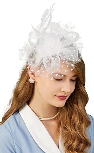 Cizoe Fascinators Hat for Women Tea Party Headband Kentucky Derby Wedding Flower Cocktail Mesh Feathers Hair Clip(1-White) - Image 1