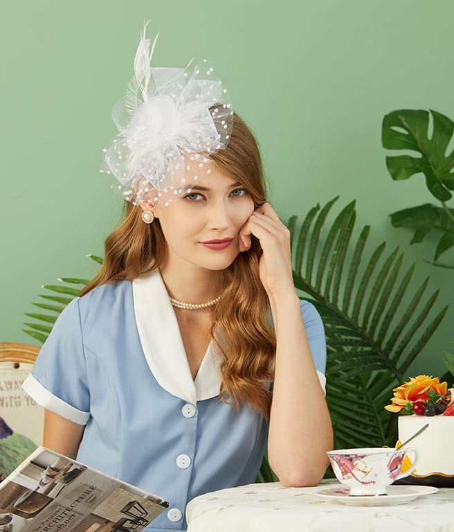 Cizoe Fascinators Hat for Women Tea Party Headband Kentucky Derby Wedding Flower Cocktail Mesh Feathers Hair Clip(1-White) - Image 4