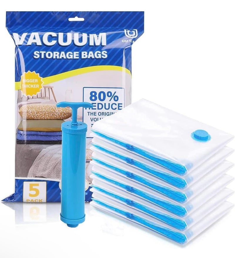 Kitchen Bloom Compression Storage Bags, 5 Pack Large+Medium+Small Sizes, Vacuum Sealing for Clothes Storage, Bedding, Comforters, Blankets | Airtight Reusable ziplock Bag with Travelling Hand Pump - Image 1