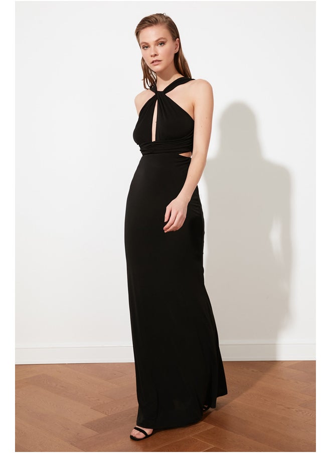 trendyol - Black Lined Knitted Evening Dress TPRSS21AE0049 - Image 1