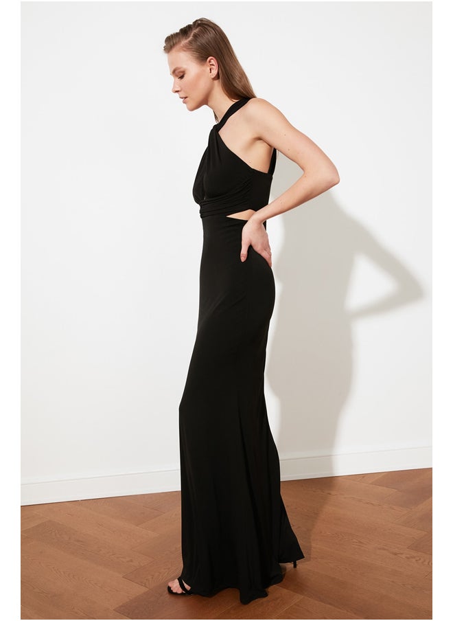 trendyol - Black Lined Knitted Evening Dress TPRSS21AE0049 - Image 1
