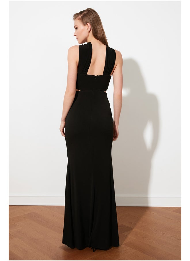 trendyol - Black Lined Knitted Evening Dress TPRSS21AE0049 - Image 1