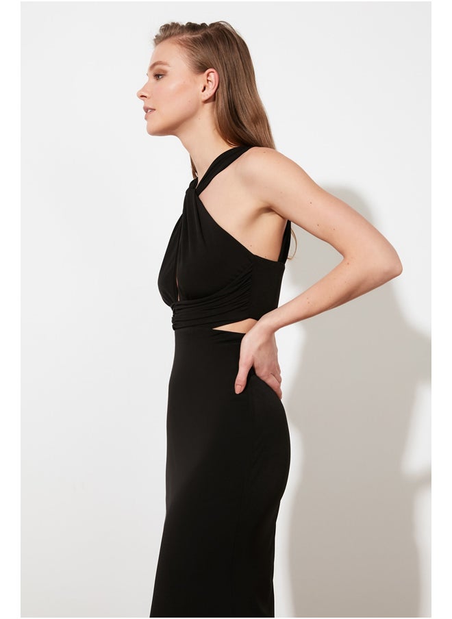 trendyol - Black Lined Knitted Evening Dress TPRSS21AE0049 - Image 1