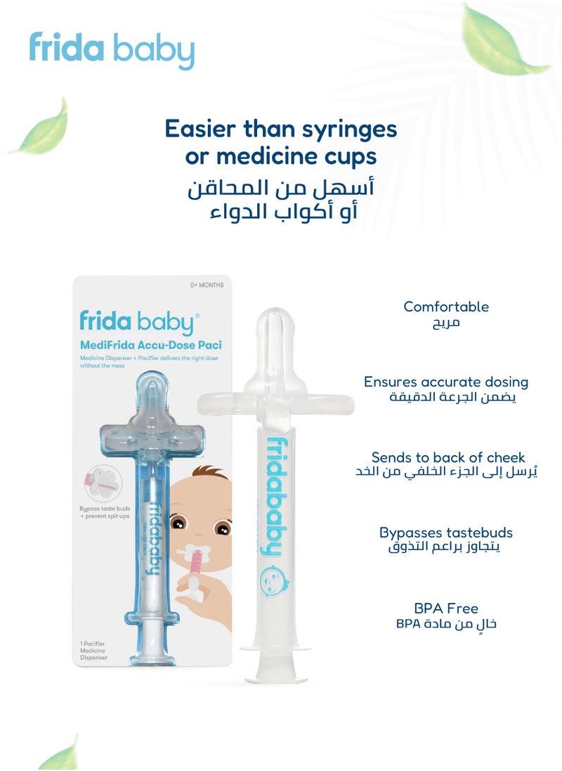 Medifrida Accu-Dose Pacifier | Made in USA | No-Mess Medicine Dispenser for Babies | Spit-Up Prevention | BPA-Free | Accurate Dosing with Oral Syringe | Infant Safe