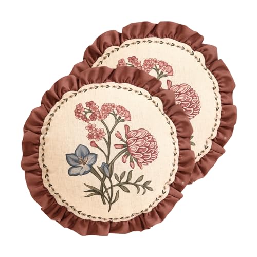 ISAENNE Design Linen Vintage Throw Pillow Covers Diameter 16 Pack of 2 Round Cushion Covers with Blue Pink Flowers Green Leaves Pattern Decoration Pillowcases for BedLiving RoomOutdoorCar - Image 1