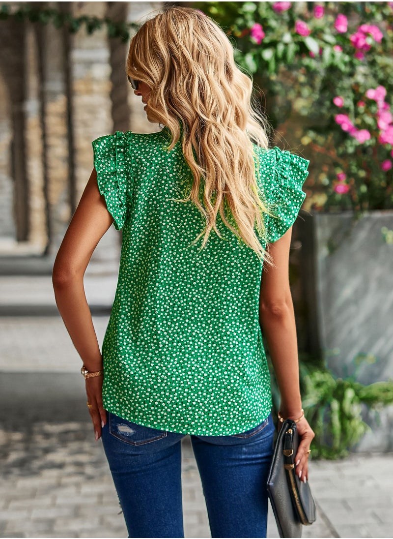 Loquat Stylish V-neck Floral Top Green  - Image 2