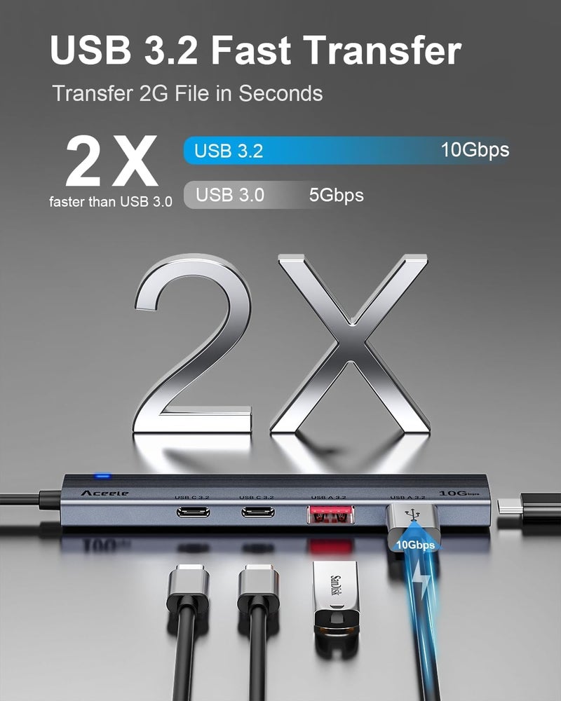 Aceele 10Gbps USB C Hub with 4 USB 3.2 Ports (2 USB A & 2 USB C), USB 3.2 Gen 2 3.3ft USB Cable Extender Hub with Type-C Power Port,Compatible for MacBook Pro 2021, iPad Pro 2021 and Other PC - Image 2