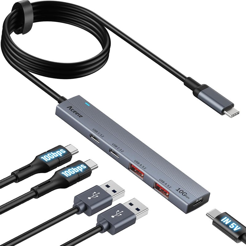 Aceele 10Gbps USB C Hub with 4 USB 3.2 Ports (2 USB A & 2 USB C), USB 3.2 Gen 2 3.3ft USB Cable Extender Hub with Type-C Power Port,Compatible for MacBook Pro 2021, iPad Pro 2021 and Other PC - Image 1