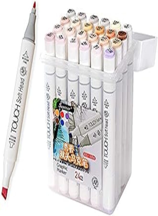 أقلام تلوين فنية مزدوجة الرأس للأطفال مع صندوق تخزين من البولي بروبلين (مجموعة من 24 قطعة)