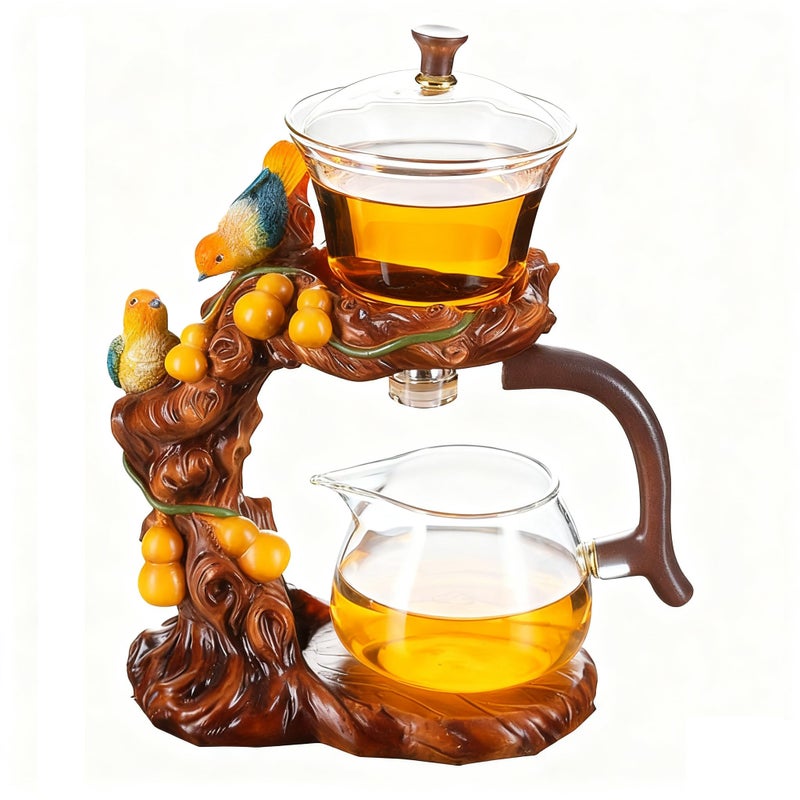 ZPGXLRZ Lazy Kungfu Glass Tea Set Heat Resistant Semi Automatic Drip Rotating with Infuser Magnetic Teapot Set for Gongfu Tea Making Ideal (Gourd Bird) - Image 1