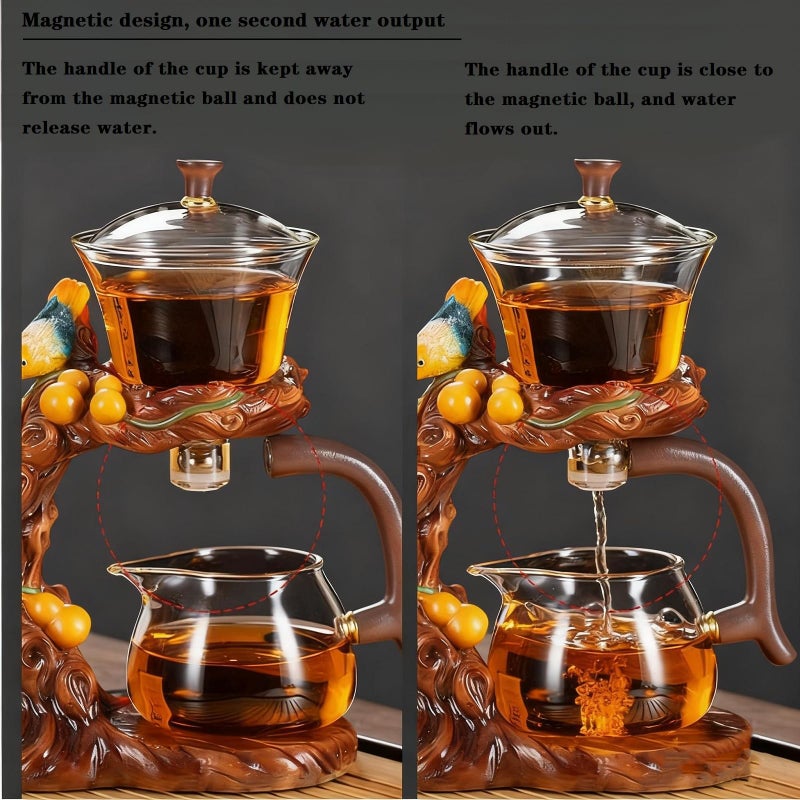 ZPGXLRZ Lazy Kungfu Glass Tea Set Heat Resistant Semi Automatic Drip Rotating with Infuser Magnetic Teapot Set for Gongfu Tea Making Ideal (Gourd Bird) - Image 3