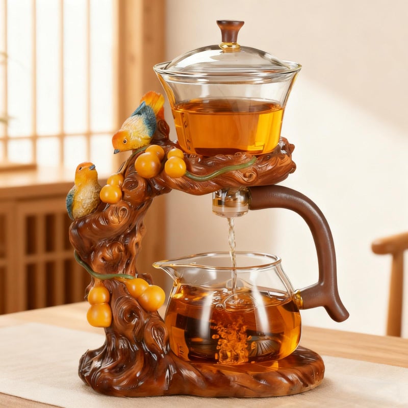 ZPGXLRZ Lazy Kungfu Glass Tea Set Heat Resistant Semi Automatic Drip Rotating with Infuser Magnetic Teapot Set for Gongfu Tea Making Ideal (Gourd Bird) - Image 2