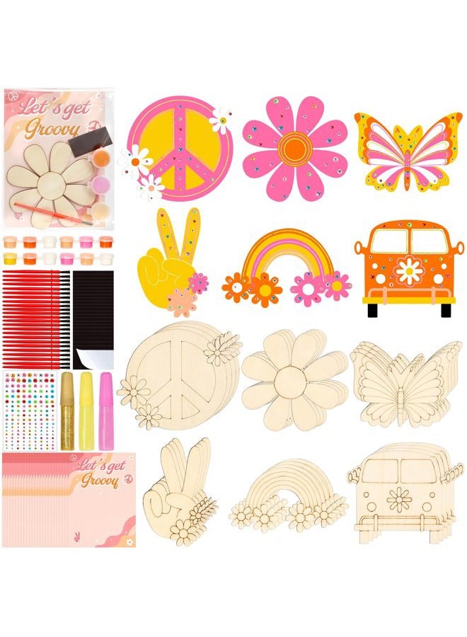 Bafeil 24 Sets Groovy Party Favors, DIY Wooden Painting Crafts Kit with Magnets, Retro Hippie Birthday Decorations, Retro Boho Themed Birthday Party Supplies Goodie Bags Gifts Classroom Rewards - Image 1