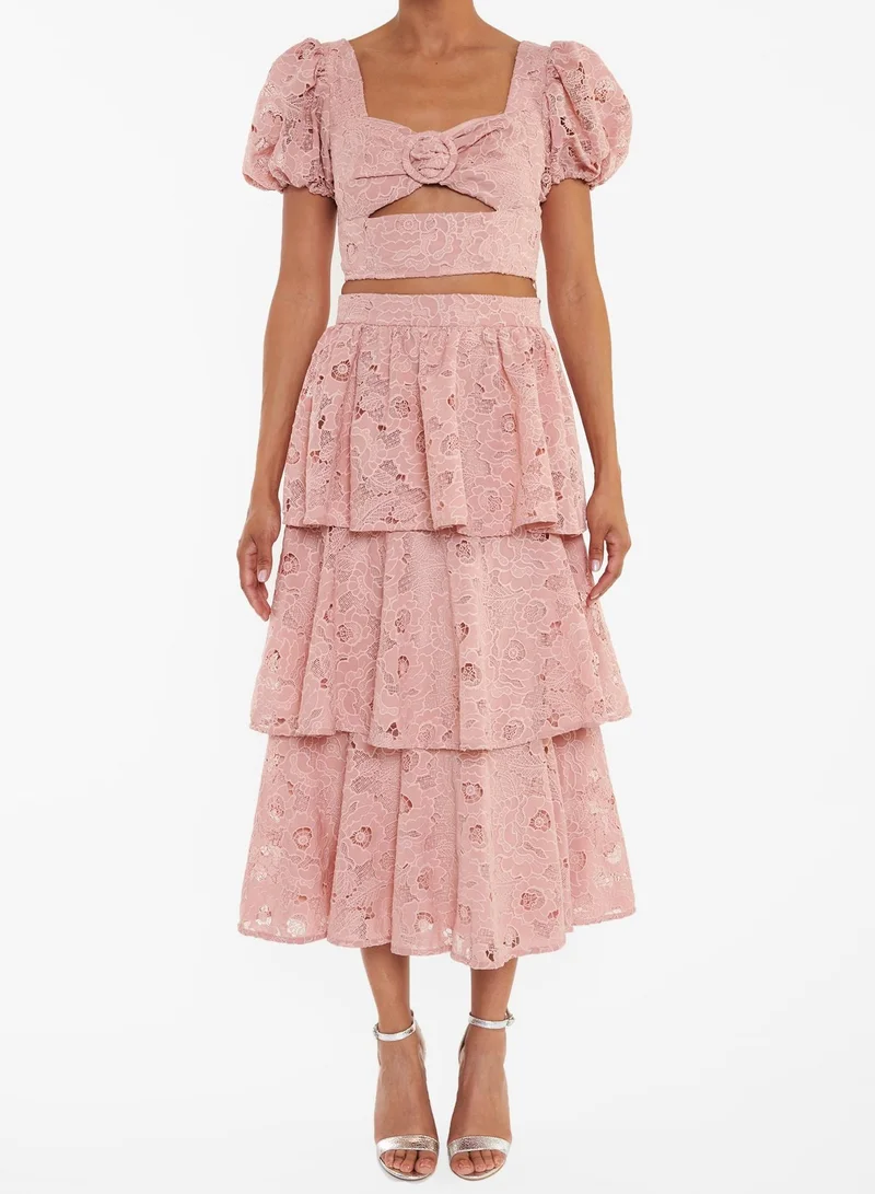 ترو ديكادينس Rosalia Co-Ord Dusty Pink Cutwork Cut-Out Puff Sleeve Crop-Top