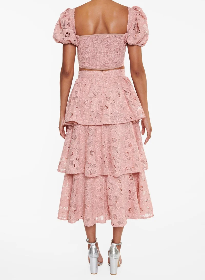 ترو ديكادينس Rosalia Co-Ord Dusty Pink Cutwork Cut-Out Puff Sleeve Crop-Top