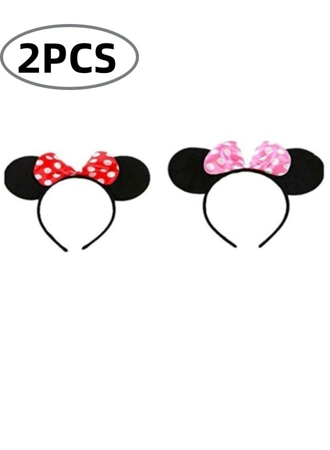 2PCS Minnie Mouse Ear Headband Set Cute Bow Design Soft Fabric Comfortable Fit For Girls Women Kids Birthday Party Halloween Disney Theme Park Travel Cosplay Daily Wear Black Pink And Black Red - Image 1