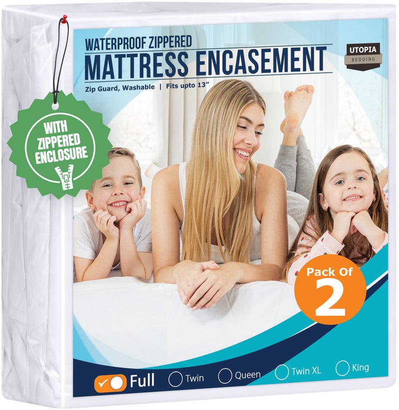 Utopia Bedding Waterproof Mattress Protector Full Size Pack of 2 Zippered Mattress Encasement Bed Bug and Dust Mite Proof Absorbent SixSided Mattress Cover