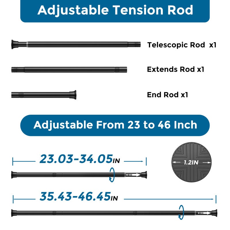 AIZESI 2Pack Tension Curtain Rod 23-46 Inch No Drilling Adjustable Black Tension Rod Extendable Spring Loaded Curtain Rods for Window Doorway Kitchen Closet Bathroom - Image 2