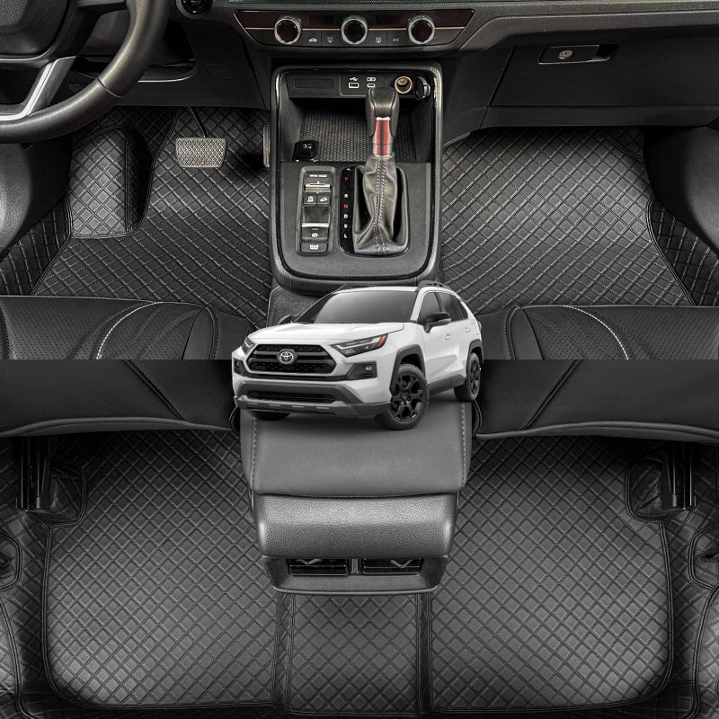 EKR Custom Floor Mats for Toyota RAV4 Not Hybrid 20192025 Front 2nd Row Luxury Car Floor Mat Fit RAV4 2019 2020 2021 2022 2023 2024 2025 Leather Black and Black Stitching