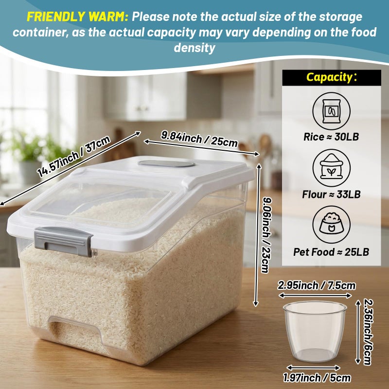 Blushtier 4 Pack Large Rice Storage Containers 30 Lbs Airtight Flour Container with Seal Locking Lid and Measuring Cup Kitchen Dry Food Storage Bins for Cereal Sugar Beans(Transparent and White) - Image 2