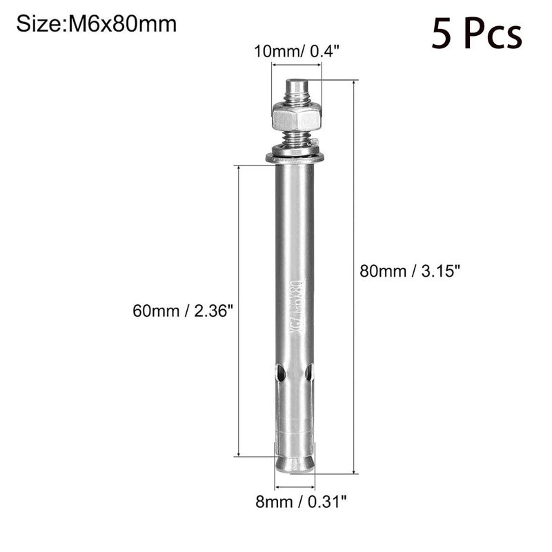 SDY 5 Pcs M6 x 80mm 304 Stainless Steel Expansion Bolt External Hex Expansion Screw Bolt Sleeve Anchor，Pool Safety Cover Expansion Bolts，for Concrete - Image 2