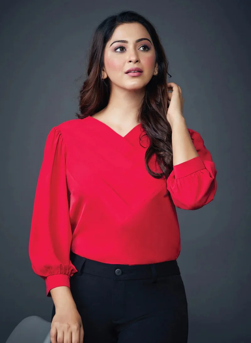 Zigzag Side Pleated Chiffon Solid Red Top
