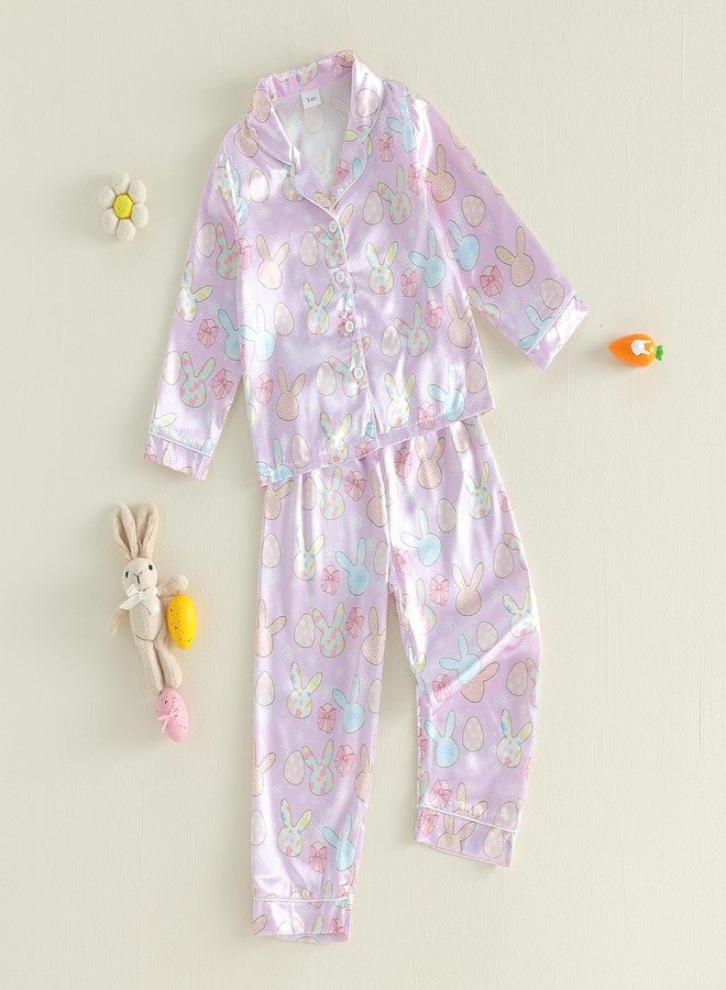 fyclemt Toddler Baby Girl Boy Easter Silk Pajamas Bunny/Eggs Long Sleeve Button Up Shirts Pants Little Girls Sleepwear Satin Pjs Set (Purple, 18-24 Months) - Image 5