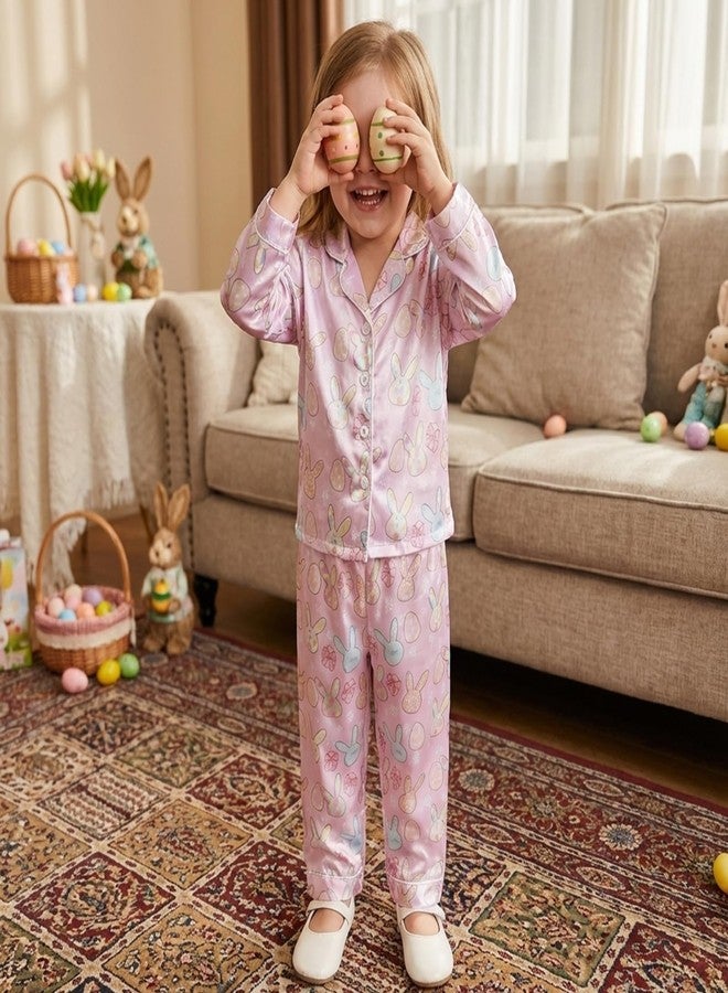 fyclemt Toddler Baby Girl Boy Easter Silk Pajamas Bunny/Eggs Long Sleeve Button Up Shirts Pants Little Girls Sleepwear Satin Pjs Set (Purple, 18-24 Months) - Image 2