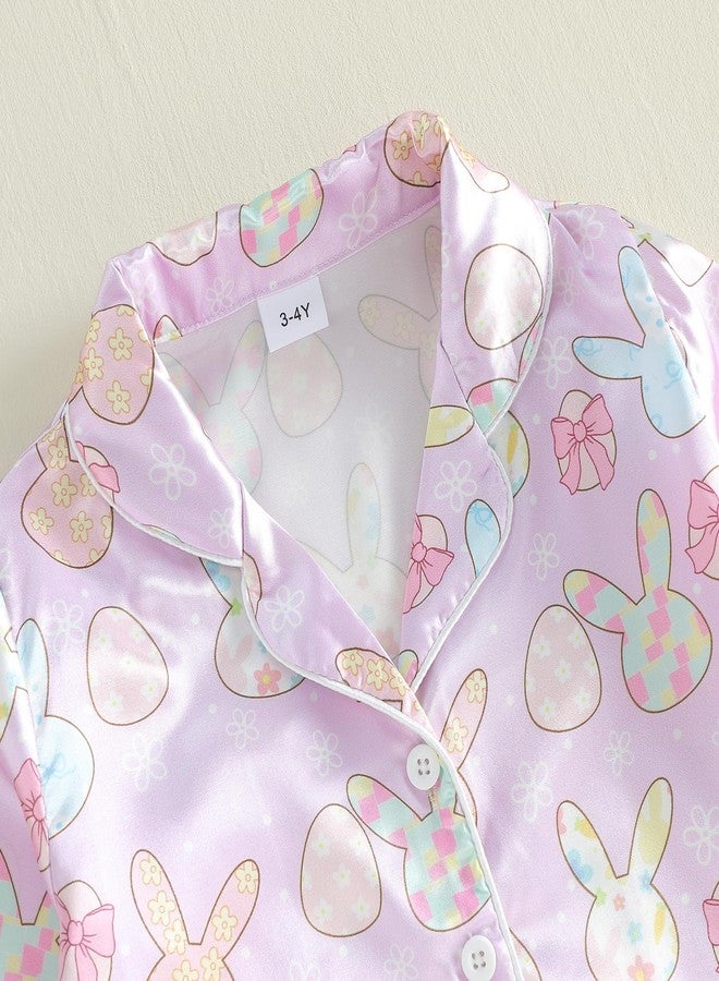 fyclemt Toddler Baby Girl Boy Easter Silk Pajamas Bunny/Eggs Long Sleeve Button Up Shirts Pants Little Girls Sleepwear Satin Pjs Set (Purple, 18-24 Months) - Image 4