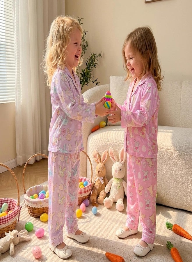 fyclemt Toddler Baby Girl Boy Easter Silk Pajamas Bunny/Eggs Long Sleeve Button Up Shirts Pants Little Girls Sleepwear Satin Pjs Set (Purple, 18-24 Months) - Image 3
